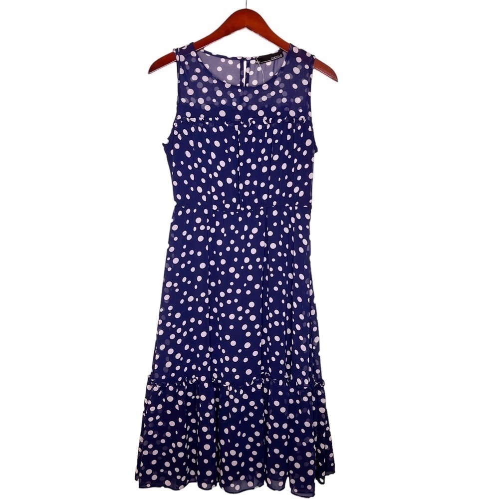 CHETTA B NWT Sleeveless Ruffle Trim Dress Size 6 in Navy and White Polka Dot